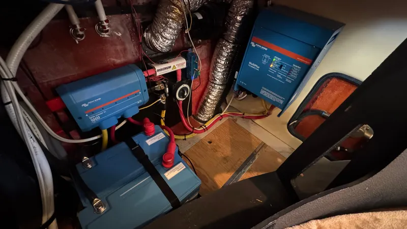  Yacht Photos Pics Electrical system of a 2005 Sea Ray 390 Motor Yacht, featuring inverters and batteries.