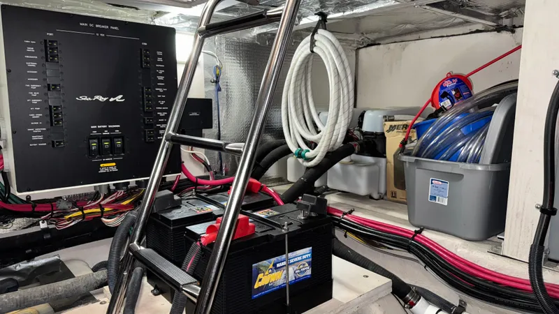  Yacht Photos Pics Engine room of 2005 Sea Ray 390 Motor Yacht with battery and breaker panel.