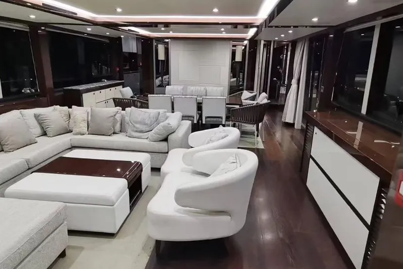 Yacht Photos Pics Luxurious interior of 2018 Sunseeker 95 Yacht with modern furnishings and elegant design.