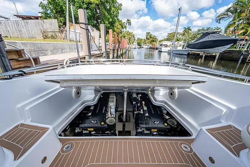 Gazelle Yacht Photos Pics Engine compartment of 2014 Zeelander Z44 yacht, docked in a scenic canal setting.