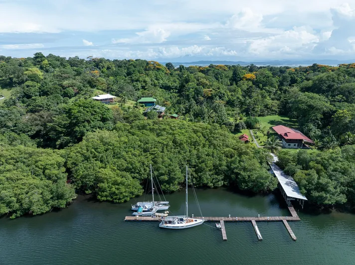 See The World Yacht Photos Pics Aerial view of lush green landscape with docked sailboats and waterfront buildings.