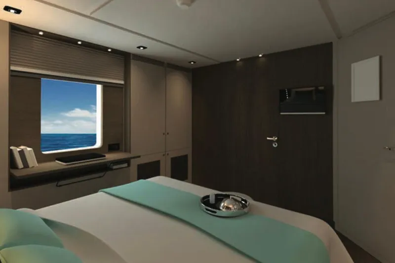 Soyaslan Custom Made Yacht Photos Pics Luxurious Soyaslan Custom 2027 yacht bedroom with ocean view, modern decor, and elegant furnishings.