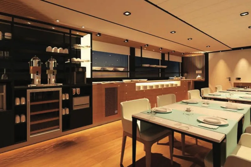 Soyaslan Custom Made Yacht Photos Pics Luxurious dining area on Soyaslan Custom 2027 yacht, featuring elegant table settings and modern design.