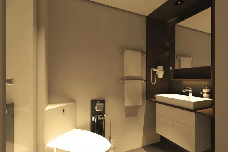 Soyaslan Custom Made Yacht Photos Pics Modern bathroom with sleek fixtures, illuminated mirror, and minimalist design, Soyaslan Custom 2027.