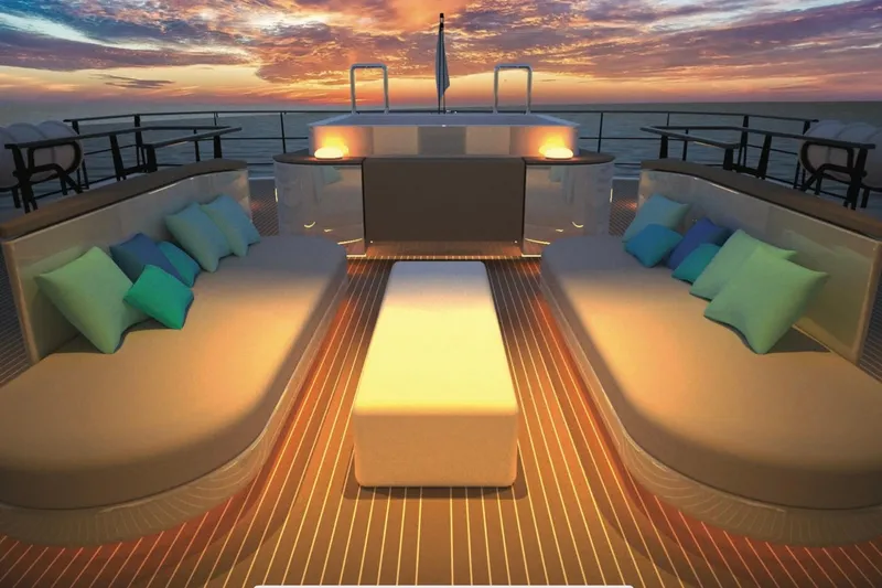 Soyaslan Custom Made Yacht Photos Pics Luxurious Soyaslan Custom 2027 yacht deck with elegant seating and sunset view.