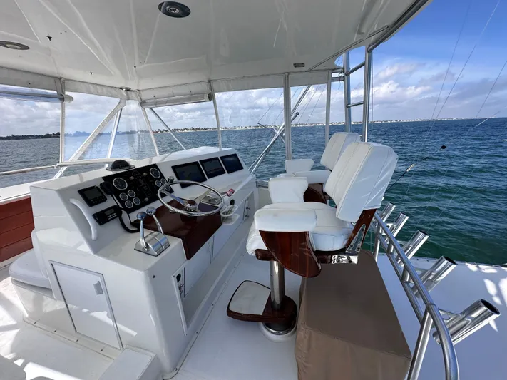 Calypso Yacht Photos Pics Helm of 1996 Viking 47 Convertible yacht with ocean view and modern controls.