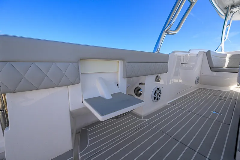 Yacht Photos Pics Intrepid 407 Cuddy 2020 boat interior with sleek seating and modern design.