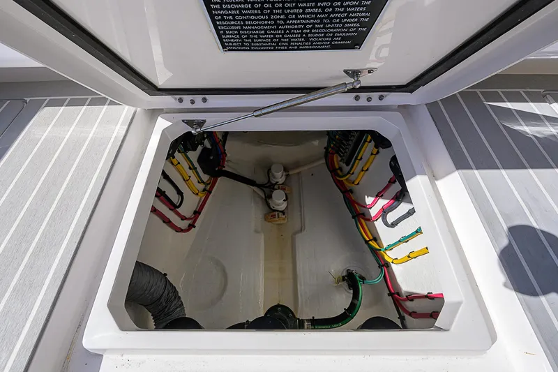  Yacht Photos Pics Intrepid 407 Cuddy 2020 boat hatch with organized wiring and components.