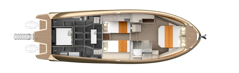 40f Open O/b Yacht Photos Pics 2024 Solaris Power SP 40F Open yacht interior layout, featuring cabins and living spaces.