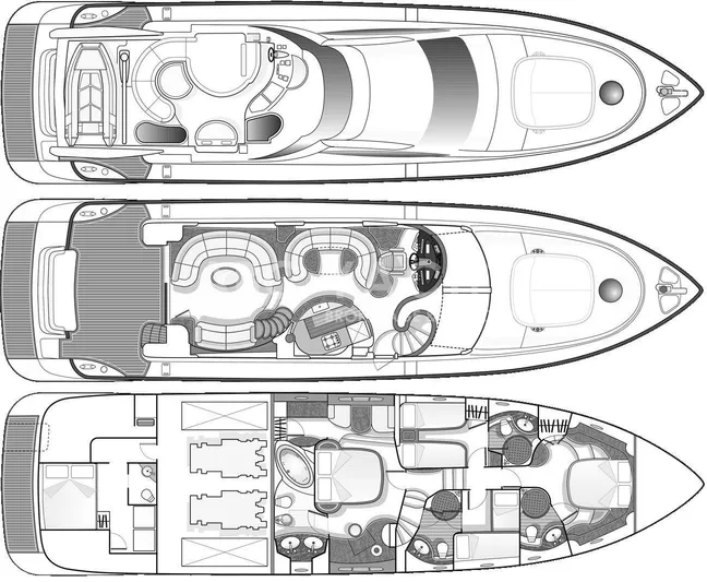  Yacht Photos Pics Floor plan of a 2005 Azimut 68 yacht, showcasing three detailed levels.
