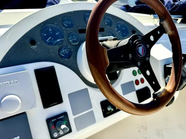 Coastal Pioneer Yacht Photos Pics Steering wheel and dashboard of 2002 Fairline Phantom 50 yacht.