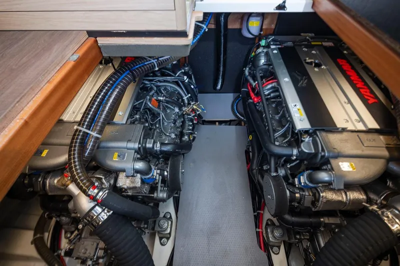 4 My Valentine Yacht Photos Pics Engine room of 2022 Beneteau Swift Trawler 41 with dual Yanmar engines.