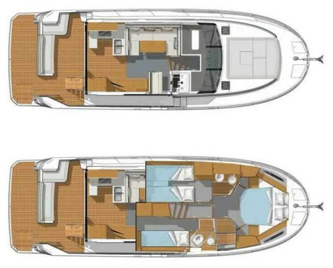 4 My Valentine Yacht Photos Pics 2022 Beneteau Swift Trawler 41 floor plan, showcasing upper and lower deck layouts.