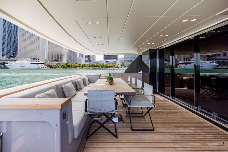 Legacy Yacht Photos Pics Luxurious 2022 Sanlorenzo SD96 yacht deck with elegant seating and city skyline view.