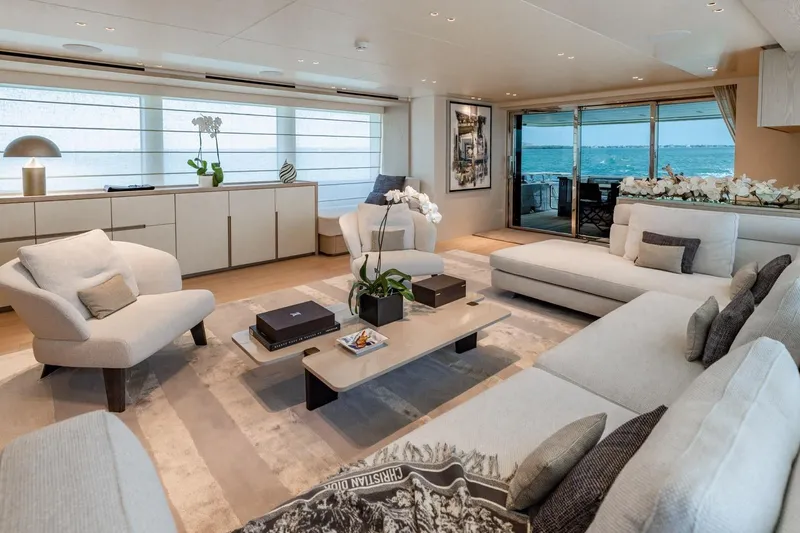 Legacy Yacht Photos Pics Luxurious interior of 2022 Sanlorenzo SD96 yacht with elegant furnishings and ocean view.