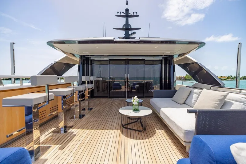 Legacy Yacht Photos Pics Luxurious 2022 Sanlorenzo SD96 yacht deck with modern seating and ocean view.