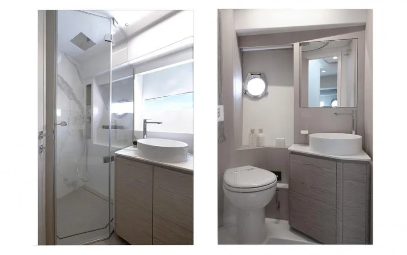 Yacht Photos Pics Luxurious bathroom interior of 2025 Ferretti Yachts 500, featuring modern fixtures and elegant design.