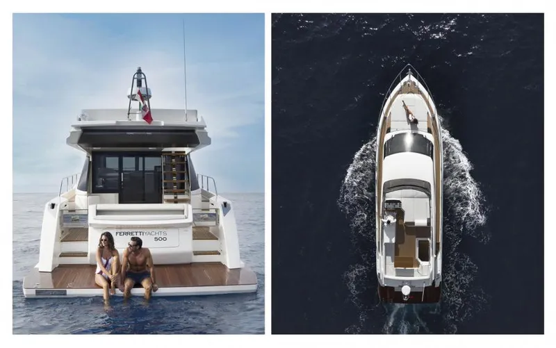  Yacht Photos Pics 2025 Ferretti Yachts 500, rear view with people, and aerial view cruising on water.