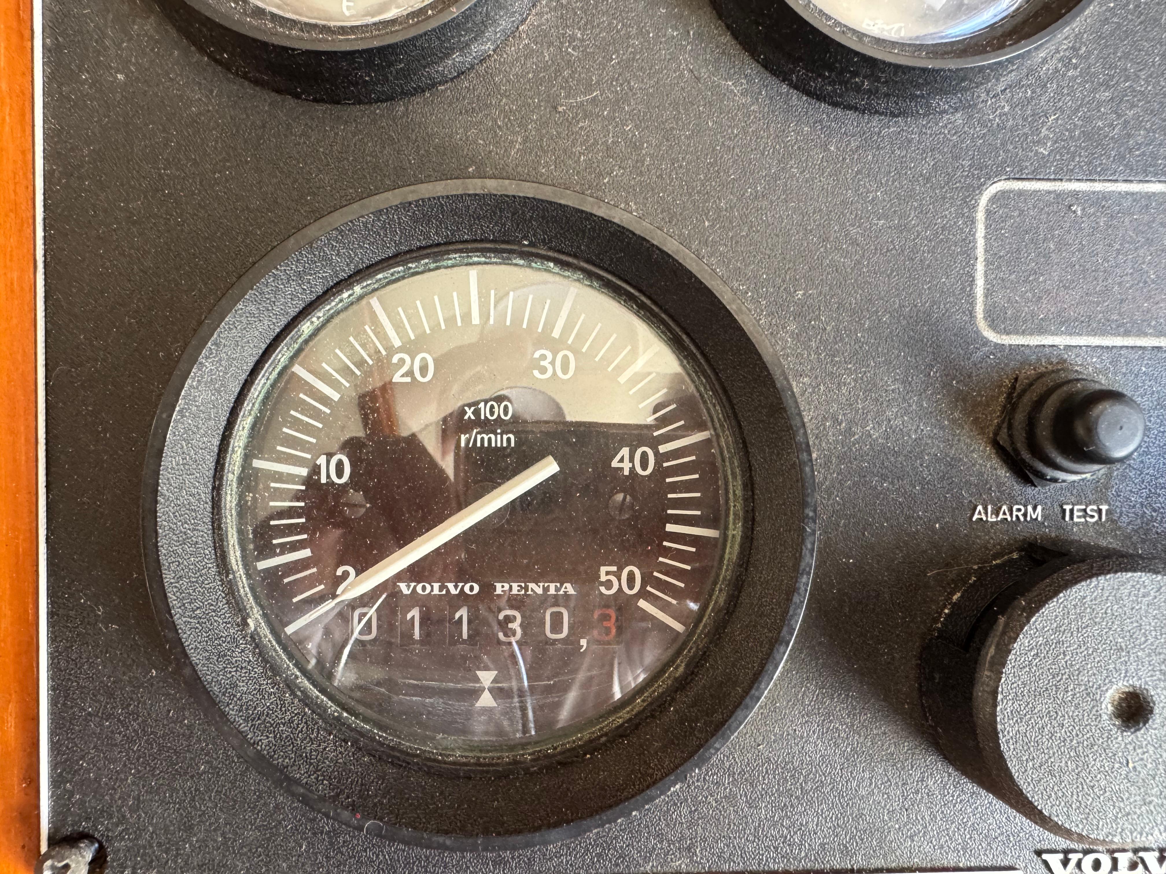 Close-up of a Volvo Penta tachometer on a Nova 48, 1990 model.