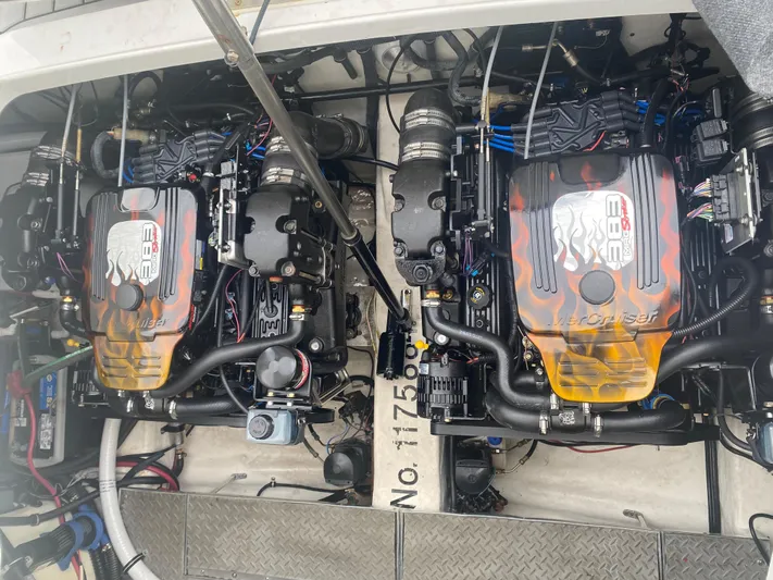  Yacht Photos Pics Twin engines in a 2012 Formula 31PC boat, showcasing detailed mechanics and design.