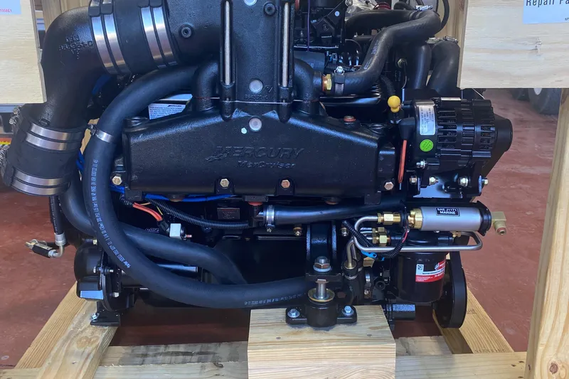  Yacht Photos Pics Mercury marine engine on wooden stand, Formula 31PC, 2012 model.