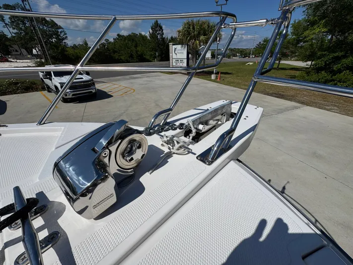  Yacht Photos Pics 2024 Cutwater C-288 Coupe boat deck with anchor system and railing.