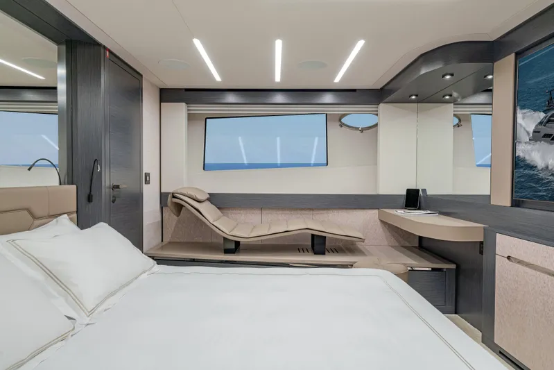 Silver Bullet Yacht Photos Pics Luxurious interior of 2022 Pershing 8X yacht with modern design and ocean view.