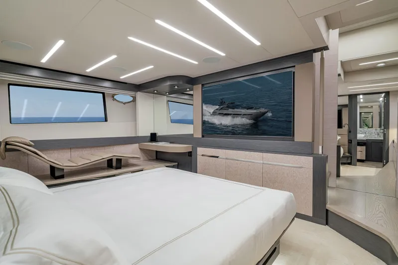 Silver Bullet Yacht Photos Pics Luxurious interior of 2022 Pershing 8X yacht with modern design and elegant furnishings.