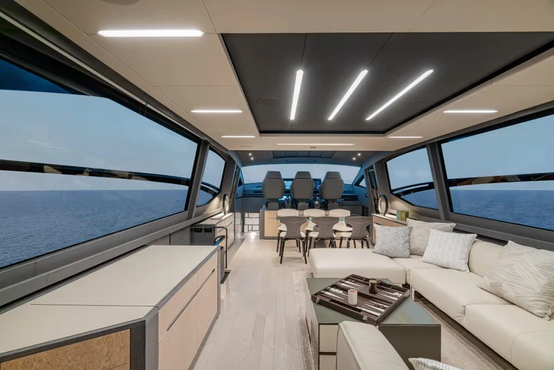 Silver Bullet Yacht Photos Pics Luxurious interior of 2022 Pershing 8X yacht with modern design and ocean view.