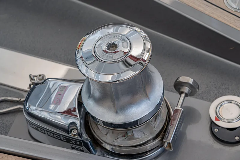 Silver Bullet Yacht Photos Pics Winch mechanism on 2022 Pershing 8X yacht deck, showcasing sleek design and functionality.