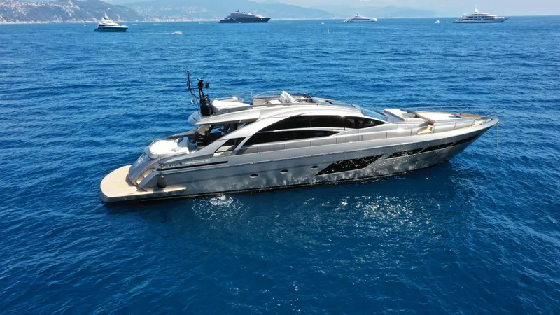 Silver Bullet Yacht Photos Pics 2022 Pershing 8X luxury yacht cruising on open blue sea.