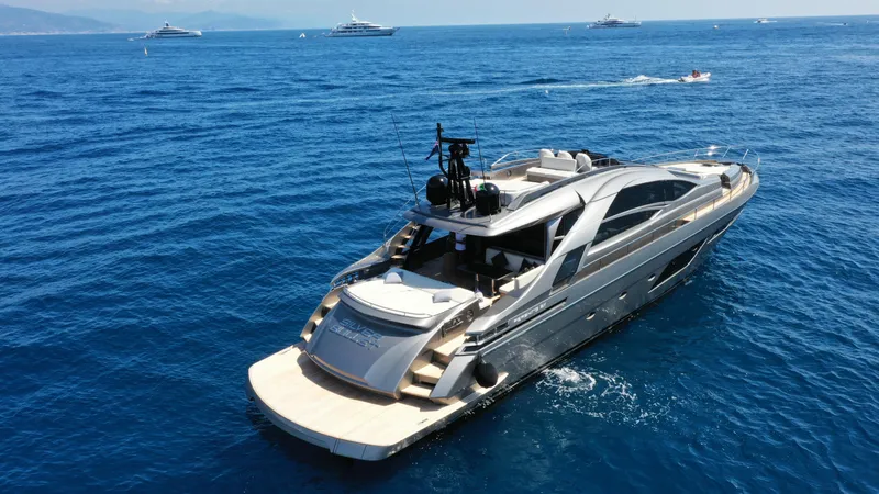Silver Bullet Yacht Photos Pics Luxury Pershing 8X yacht cruising in open sea, 2022 model.