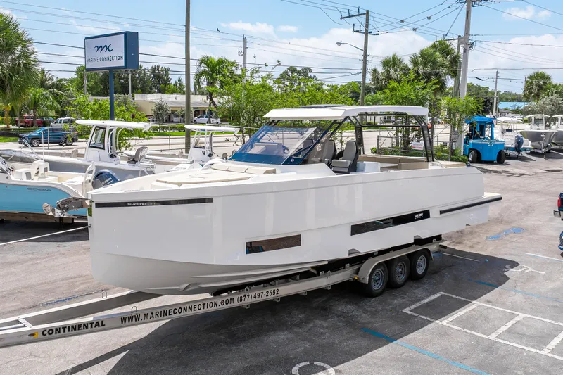  Yacht Photos Pics 2025 De Antonio Yachts D36 OPEN on trailer at Marine Connection dealership.