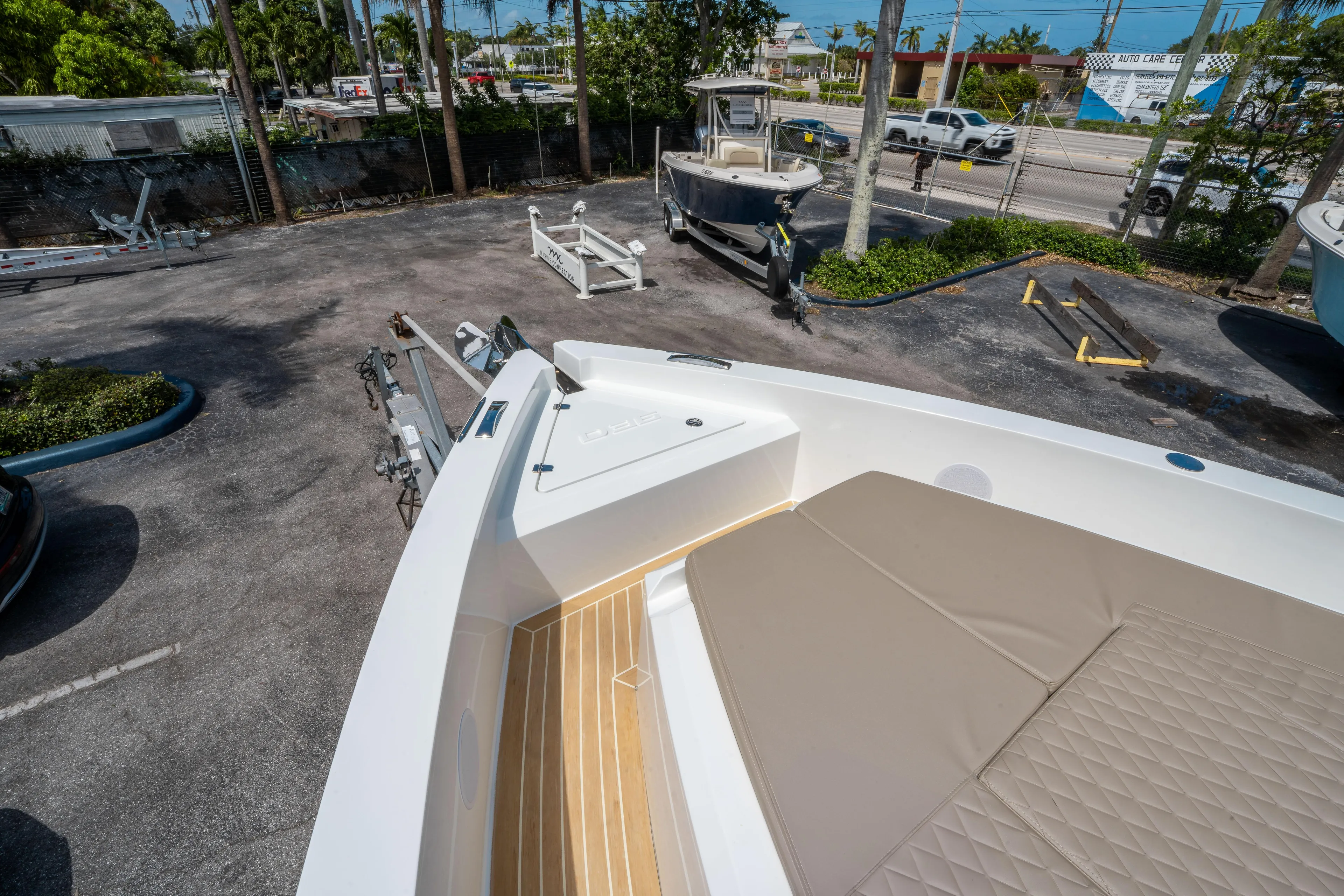  Yacht Photos Pics 2025 De Antonio Yachts D36 OPEN on trailer, showcasing sleek deck design and modern features.