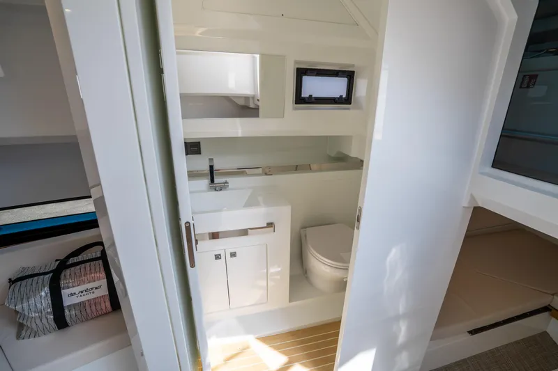  Yacht Photos Pics Modern bathroom interior of 2025 De Antonio Yachts D36 OPEN, featuring sleek design and compact amenities.