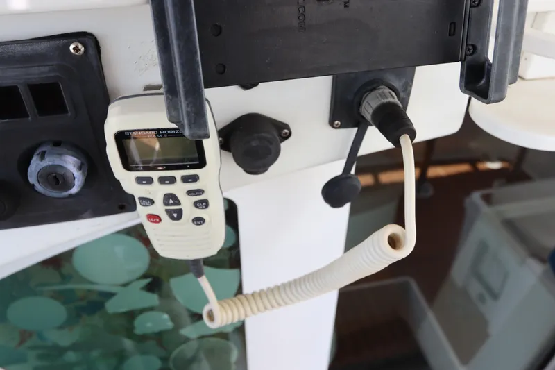  Yacht Photos Pics VHF radio on a 2001 Lagoon 380 catamaran control panel.