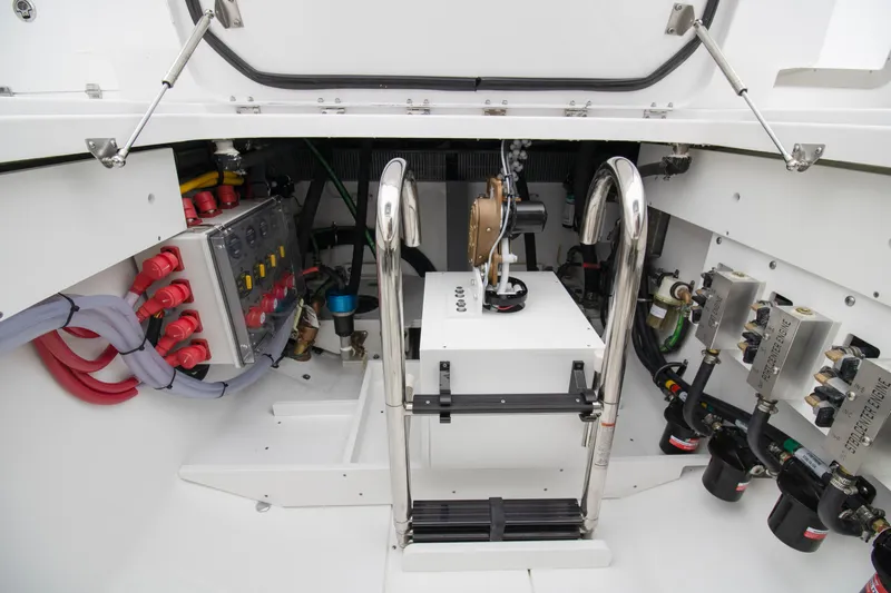  Yacht Photos Pics Engine compartment of 2025 HCB 42 Lujo boat, showcasing electrical systems and components.