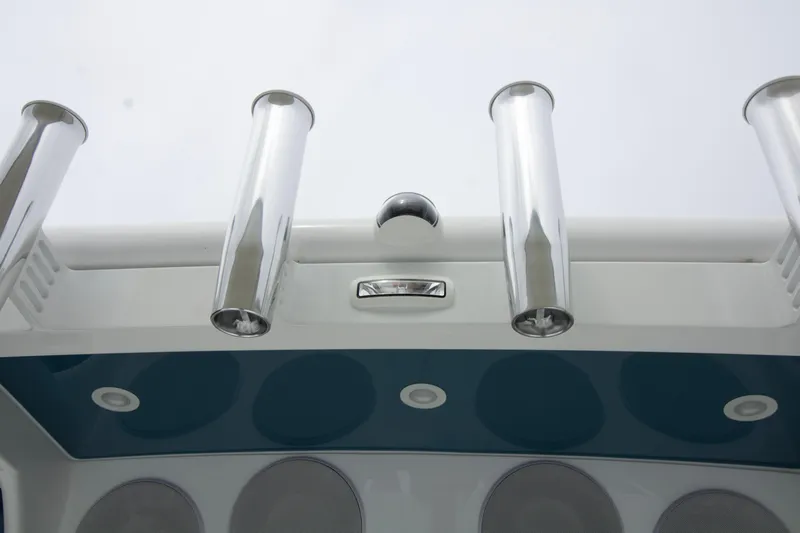  Yacht Photos Pics 2025 HCB 42 Lujo boat with sleek chrome rod holders and modern design elements.