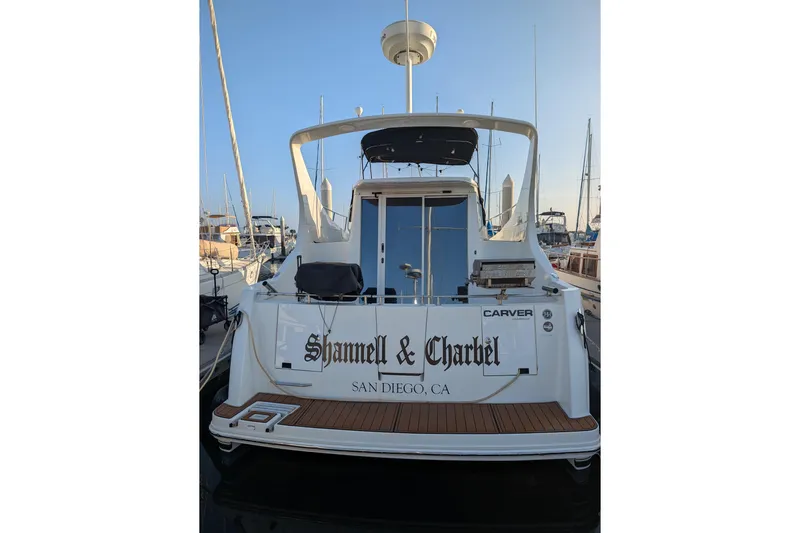  Yacht Photos Pics 2004 Carver 360 Mariner yacht docked in San Diego marina, rear view.