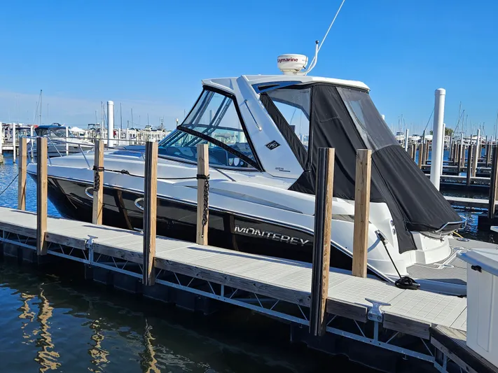 Second Half Yacht Photos Pics 2016 Monterey 355 Sport Yacht docked at marina under clear blue sky.