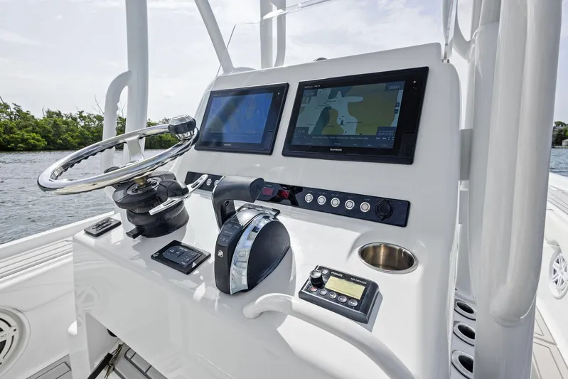  Yacht Photos Pics 2018 Barker Boatworks 26 Calibogue Bay helm with dual screens and controls.