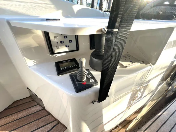 Rialtin Yacht Photos Pics Control panel of 2022 Beneteau Monte Carlo 52 yacht with joystick and switches.