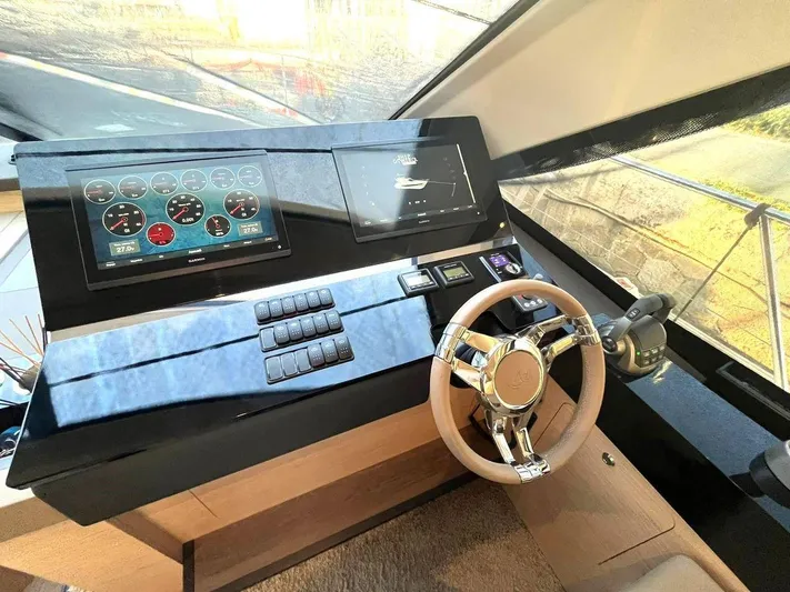 Rialtin Yacht Photos Pics Helm of 2022 Beneteau Monte Carlo 52 yacht with modern controls and navigation screens.