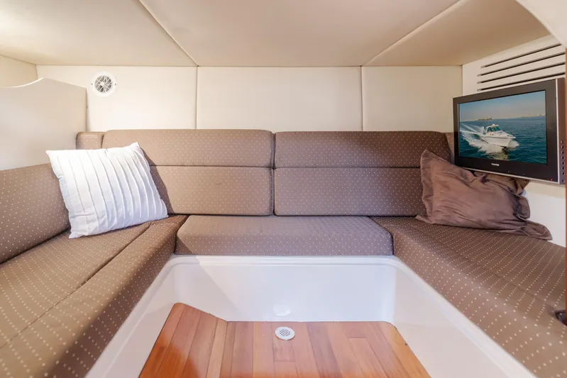 Giddy Up Yacht Photos Pics Interior cabin of 2009 Boston Whaler 345 Conquest with cozy seating and TV.