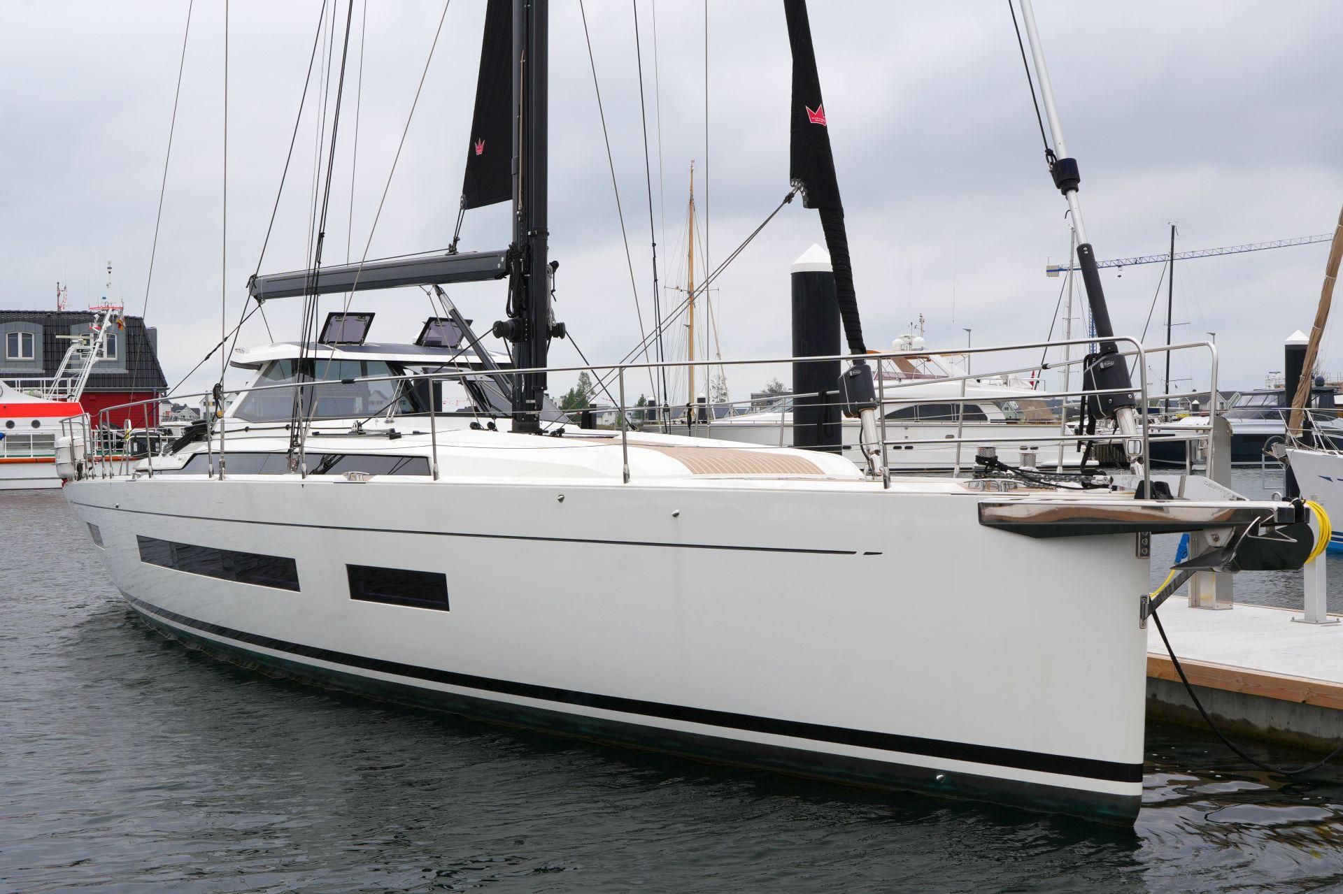 2023 Amel 60 sailboat docked in harbor.