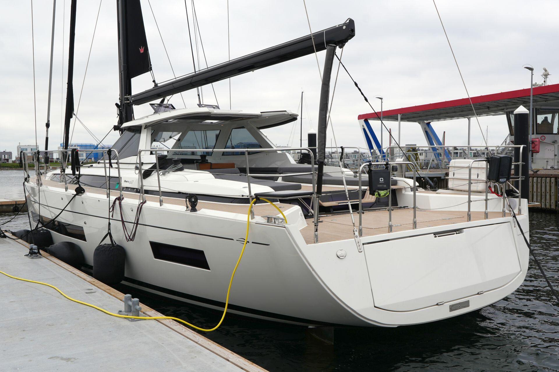 Amel 60 sailing yacht 2023 docked at marina.