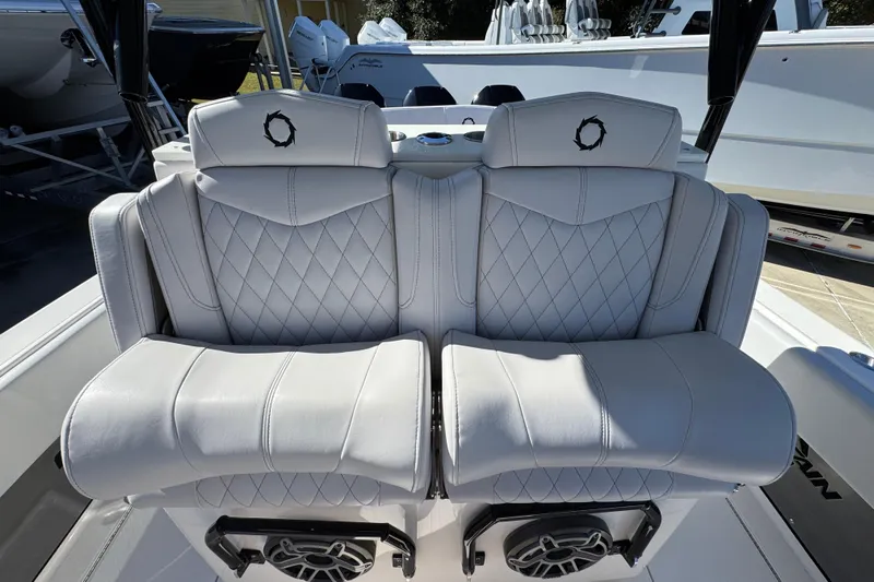  Yacht Photos Pics Luxury seating on 2023 Fountain 34 Tournament Edition boat, featuring diamond-stitched upholstery.