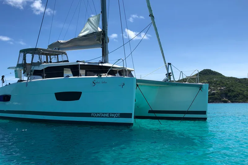 Sabai Sabai Yacht Photos Pics 2018 Fountaine Pajot Lucia 40 catamaran sailing on clear blue waters.