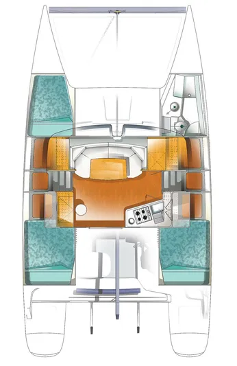 Quelle Belle Vie Yacht Photos Pics 2008 Fountaine Pajot Mahe 36 catamaran layout with cabins, salon, and kitchen.