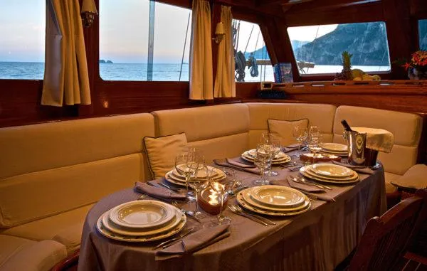  Yacht Photos Pics Luxurious dining setup on 2006 Classic Caicco ERDAL SOGUTCUK yacht, with ocean view.